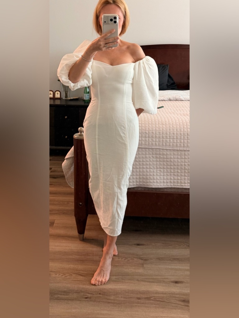 H&M White Off-Shoulder Puff-Sleeve Maxi Dress